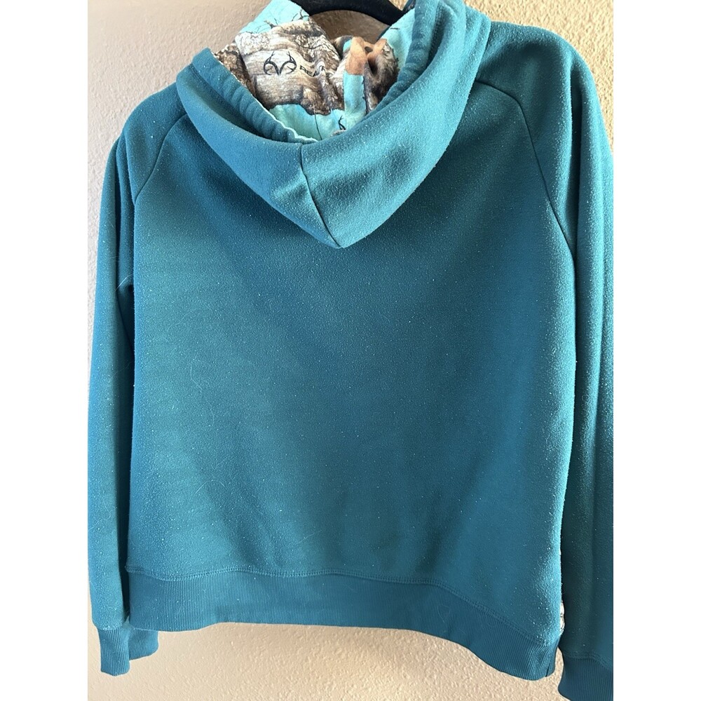 Hoodie Sz M By Realtree Dark Teal With Graphic , Hood Lined In Flannel Print - Picture 5 of 7